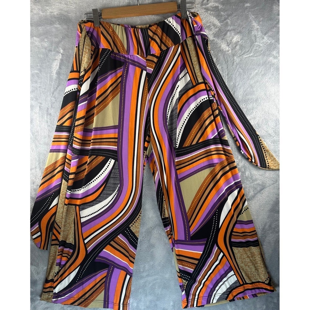 Robert Louis Wide Leg Pants XL Orange Purple Abstract Geometric Print Tie Waist - Picture 3 of 9